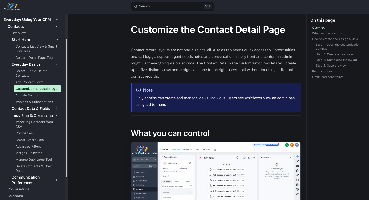 A branded Go HowLevel help-center article titled 'Customize the Contact Detail Page', with step-by-step instructions, a callout note, and a live in-app screenshot embedded in the page