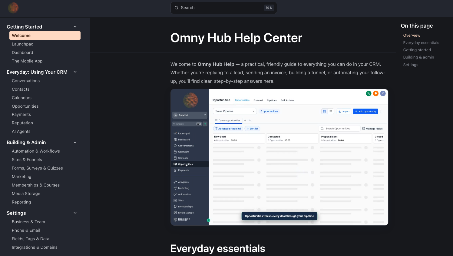 The Omny Hub Help Center home page — a branded CRM knowledge base with categorized guides for Getting Started, everyday CRM use, building and admin, and settings